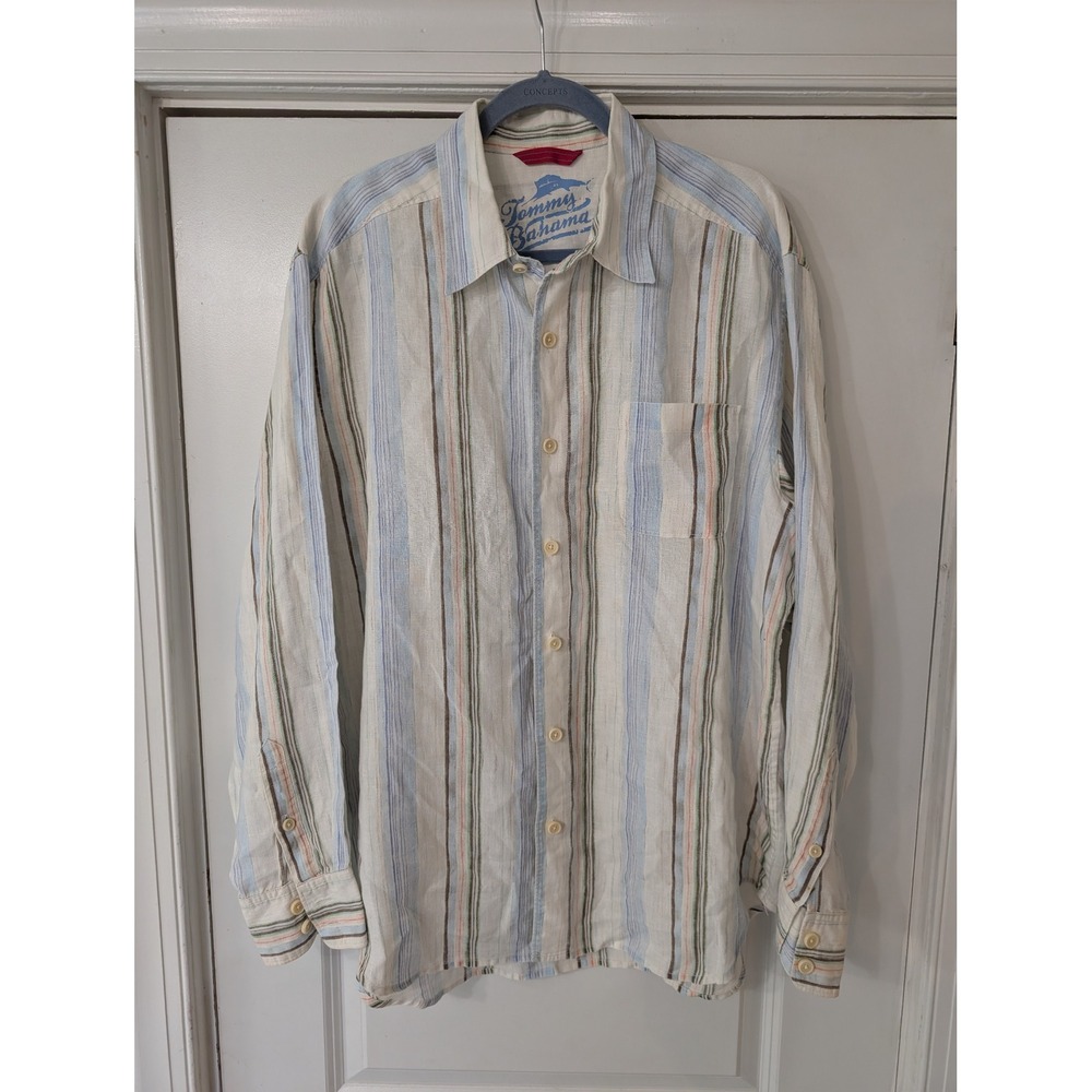 Tommy Bahama Relax Mens Large 100% Linen Striped Long Sleeve Button Down Shirt